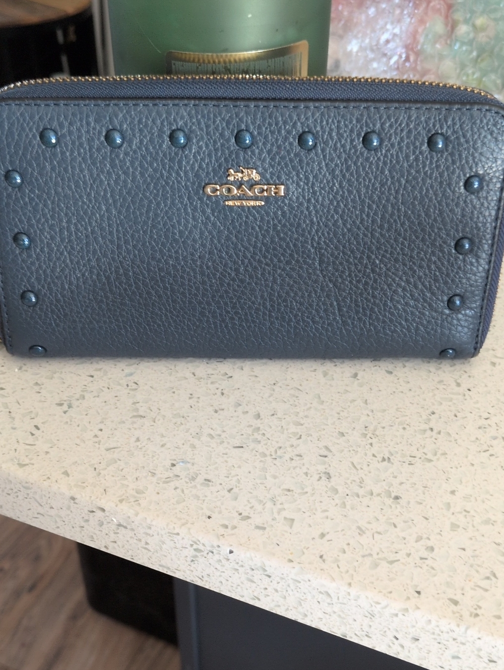 COACH Pebbled Stud Zip Card Wallet - Teal Blue with Gold Hardware